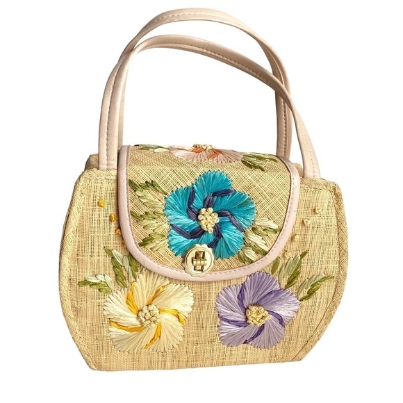 Vintage Handbags - Vintage 50s 60s Straw Raffia Purse Floral Top Handle Bag Summer Beach Handbag